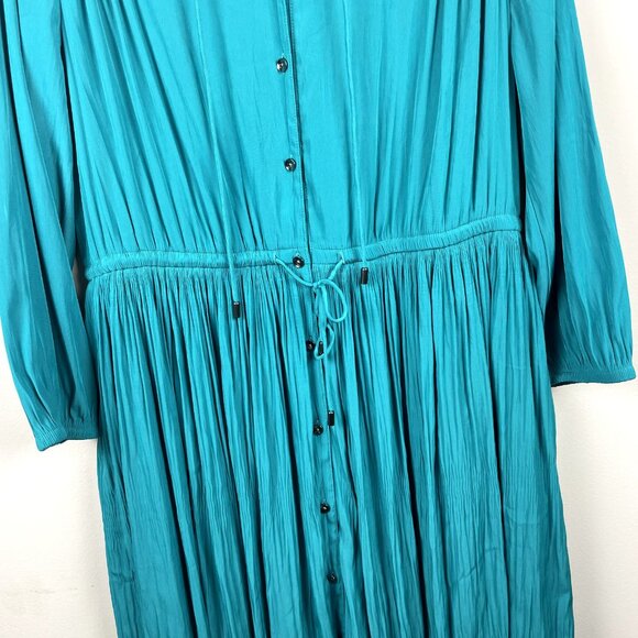 Chicos 2 Midi Dress 12 Teal Green Crinkle Pleated 3/4 Sleeve Button Up Tie Waist - Picture 8 of 16